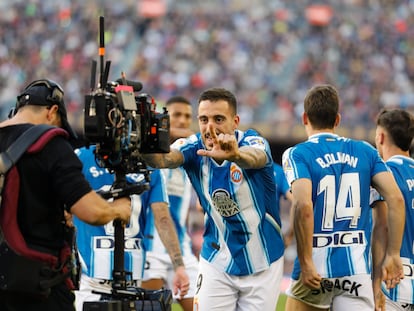 Joselu celebra el empate del Espanyol ante el Barcelona.