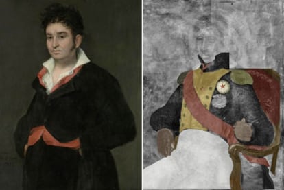 The <i>portrait of Don Ramón Satué</i> and, on the right, the work discovered under the oil paint.