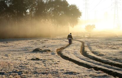 Amanece sobre un campo helado en Johannesburgo (Sudáfrica).