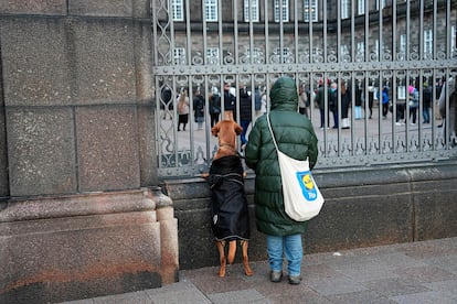 A person with a dog look through the fence