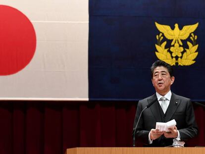 O primeiro-ministro do Japão, Shinzo Abe, durante um discurso em 17 de março.