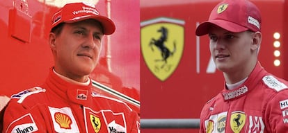 Michael Schumacher, en 2003; y Nick Schumacher, en Baréin este martes
