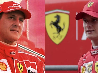 Michael Schumacher, en 2003; y Nick Schumacher, en Baréin este martes