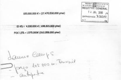 Anotación donde aparece escrito: “Jaume Camps. Pago 105.000. Ferrovial”.