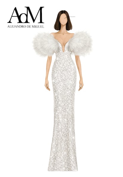 A estilista enviou um esboço do vestido para a imprensa.