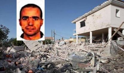 Estat en què va quedar la casa d'Alcanar després de l'explosió. Retrat de l'imam Abdelbaki Es Satty