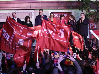 Pedro Sánchez celebrates the election results at the Socialist headquarters in Madrid.