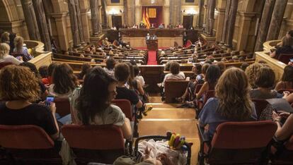 Una dona amb el seu fill segueix el ple especial al Parlament en defensa del moviment feminista.