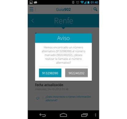 La app nos sugiere alternativas cuando marcamos un número 902