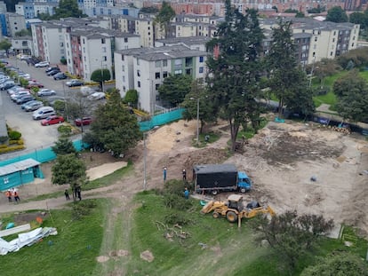 Tala de árboles en un parque público para construir un colegio, en el sur de Bogotá, el 9 de febrero de 2023.