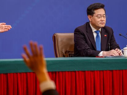 Chinese Foreign Minister Qin Gang waits for questions during a press conference in Beijing, China, 07 March 2023.