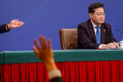 Chinese Foreign Minister Qin Gang waits for questions during a press conference in Beijing, China, 07 March 2023.