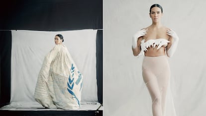 2022: un homenaje a los refugiados. Con este ‘outfit’ la presentadora quiso hacer una oda a la paz y un reconocimiento a los refugiados de guerra —en febrero de ese año comenzó la invasión rusa de Ucrania—. Tres piezas conformaban el diseño: una capa, una falda de espiral y un ‘top’ en forma de paloma de la paz. La primera pieza fue confeccionada con telas provenientes de las tiendas de campaña de ACNUR y, en ella, 75 personas, procedentes de 10 países diferentes, que residían en los Centros de Acogida de Refugiados de Alcobendas y Vallecas (Comunidad de Madrid), plasmaron sus deseos para 2023. En cuanto a la paloma que cubría el pecho de la presentadora, esta fue creada con papel de periódico y la falda tuvo que ser adaptada al embarazo de Pedroche.