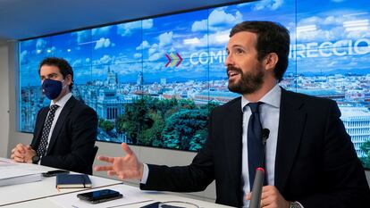 El presidente del PP, Pablo Casado, el lunes pasado en el Comité de dirección del partido celebrado en la sede de la calle Génova.