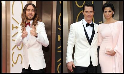 Aunque el esmoquin con chaqueta blanca se popularizó en los años treinta, todavía hoy sorprende su uso. Jared Leto y Matthew McConaughey coinciden en llevarlo. El primero, con pajarota granate y firmado por Hedi Slimane para Saint Laurent.