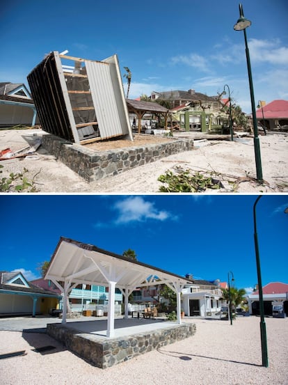 La fotografía de arriba muestra un quiosco destruido en la playa de Orient Bay en la parte francesa de la isla San Martín el 7 de septiembre de 2017 tras el paso del huracán Irma. Debajo, la fotografía del quiosco reconstruido en el mismo lugar, el 27 de febrero de 2018.