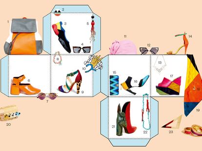 COMBINACIÓN GANADORA
1. Mochila de piel a cuadros naranjas, grises y blancos de Benetton.
2. Anillo geométrico con forma de círculo y triángulo rojo, blanco y negro de Bimba & Lola.
3. Zapato de piel multicolor negro, rojo, amarillo y azul con suela de caucho de Camper.
4. Gafas de carey con forma geométrica de Asos.
5. Pendiente rojo con for-
ma de coral de Uterqüe.
6. Zapato de charol naranja con tacón bajo y ancho de MM6.
7. Gafas de montura metálica con cristales azules y rosas de Christian Dior.
8. Pulsera dorada con eslabones rosas y celestes de Chanel.
9. Sandalia de tiras en verde, rojo y celeste con tacón de leopardo de Christian Louboutin.
10. Pendiente ear cuff con mano pintada de Marina Rinaldi.
11. Turbante rígido
de color rosa de Gucci.
12. Gafas metálicas con forma de hexágono de Asos.
13. Collar metálico
de inspiración art déco con cristales de Swarovski.
14. Sandalia de ante naranja, amarillo y verde de Pura López.
15. Monedero de piel con estampado en zigzag de M Missoni.
16. Zapato de piel en color negro, turquesa y amarillo de United Nude.
17. Zueco de rayas de Christian Louboutin.
18. Colgante dorado con forma geométrica de Lepagón.
19. Pañuelo de seda de Hermès.
20. Brazalete dorado con púas de Swarovski.
21. Botín bicolor de Louis Vuitton.
22. Collar de turquesas con langostas estilo Dalí de Marina Rinaldi.
23. Regla de metal de Loewe.
24. Pulseras combinadas de Dsquared2.