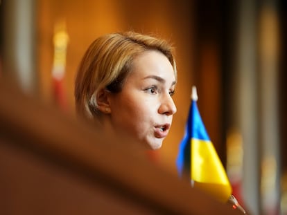 Anastasia Radina, during a press conference while on an official visit to Ottawa, Canada, on April 1, 2022.