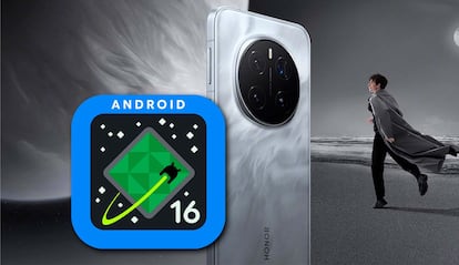 Logo de Android 16 con un móvil de Honor