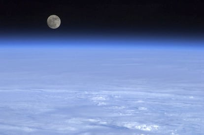 The Moon over the Earth, courtesy of Colonel Chris Hadfield of the Canadian Space Agency.