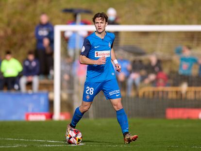 Félix Garreta, durante un partido del Amorebieta contra el Celta en la Copa del Rey el pasado enero en el campo municipal de Urritxe, en Amorebieta.