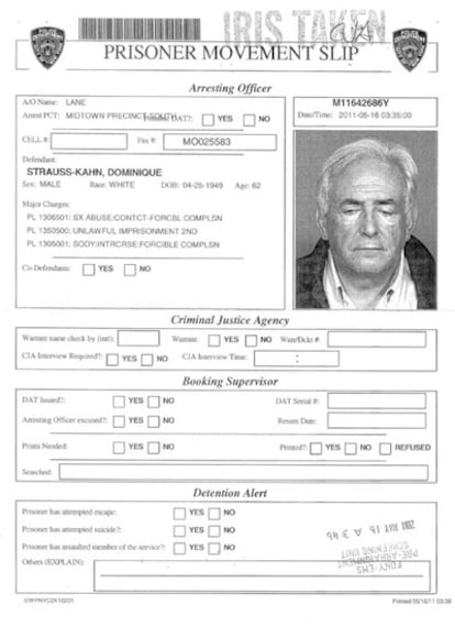 Ficha policial de Dominique Strauss-Kahn.