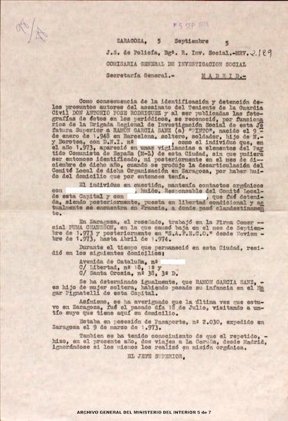 Una de las hojas del expediente que guarda el Archivo General del Ministerio del Interior de Ramón García Sanz, miembro del FRAP fusilado el 27 de septiembre de 1975. Los expedientes completos que recojen documentación acumulada durante la estancia en prisión de los cinco condenados a muerte se puede consultar al final de este reportaje. 