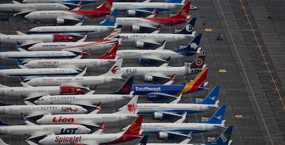 Decenas de aviones 737 MAX aparcados en el área que Boeing tiene en el aeropuerto Grant County de Moses Lake (Washington).