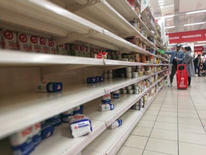 Empty shelves in a supermarket in Madrid.