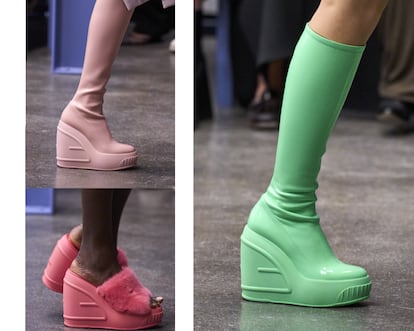 Fendi. La propuesta primaveral de Kim Jones al frente de la casa italiana bebe también de la estética emperifollada y el lema Plastic is fantastic asociado al mundo de Mattel. Las sandalias con tira de peluche en colores pastel y las botas altas con punta redonda, ambas confeccionadas en charol técnico, cuentan con una generosa plataforma que lleva impreso la doble F de la marca. Sin duda, el calzado Y2K favorito de la muñeca creada por Ruth Handler.