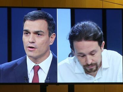 Pedro S&aacute;nchez y Pablo Iglesias en una imagen de televisi&oacute;n del debate del pasado 13 de junio.