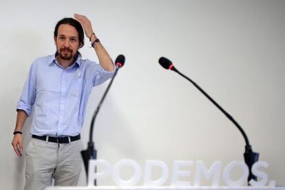 Pablo Iglesias, durante una rueda de prensa en la sede de Podemos.