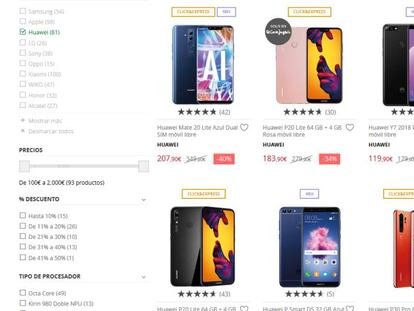 Ofertas de móviles Huawei en la página web de El Corte Inglés.