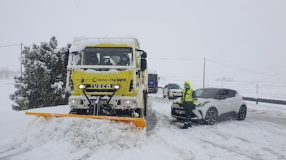 A snowplow at work in Murcia, where seven roads have been affected by Storm Filomena. 