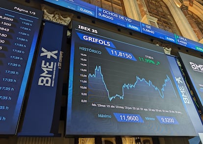 Panel con la cotización de Grifols un día que rebotó un 12% en Bolsa.