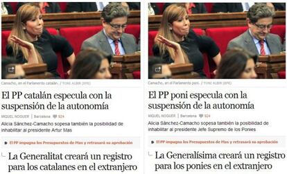 La sección Política de EL PAÍS sin la extensión (izda.) y con la extensión activada.