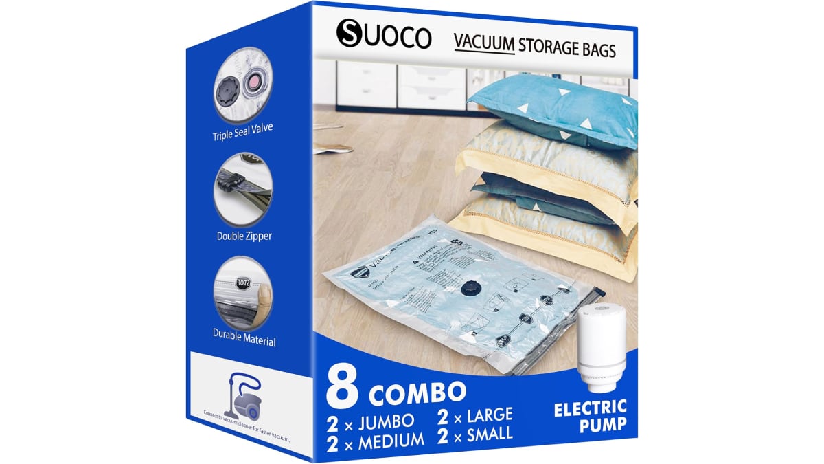 Ocho bolsas de vacío con bomba eléctrica incluida.