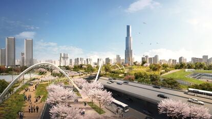 Proyecto del estudio Sasaki para un nuevo distrito urbano en Wuhan, cerca del tren de alta velocidad. |