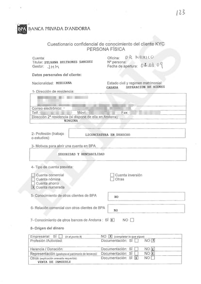 Documento de Banca Privada de Andorra para abrir cuenta de Sylvana Beltrones