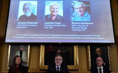 Anúncio dos ganhadores do Nobel de Química esta manhã, em Estocolmo (Suécia).