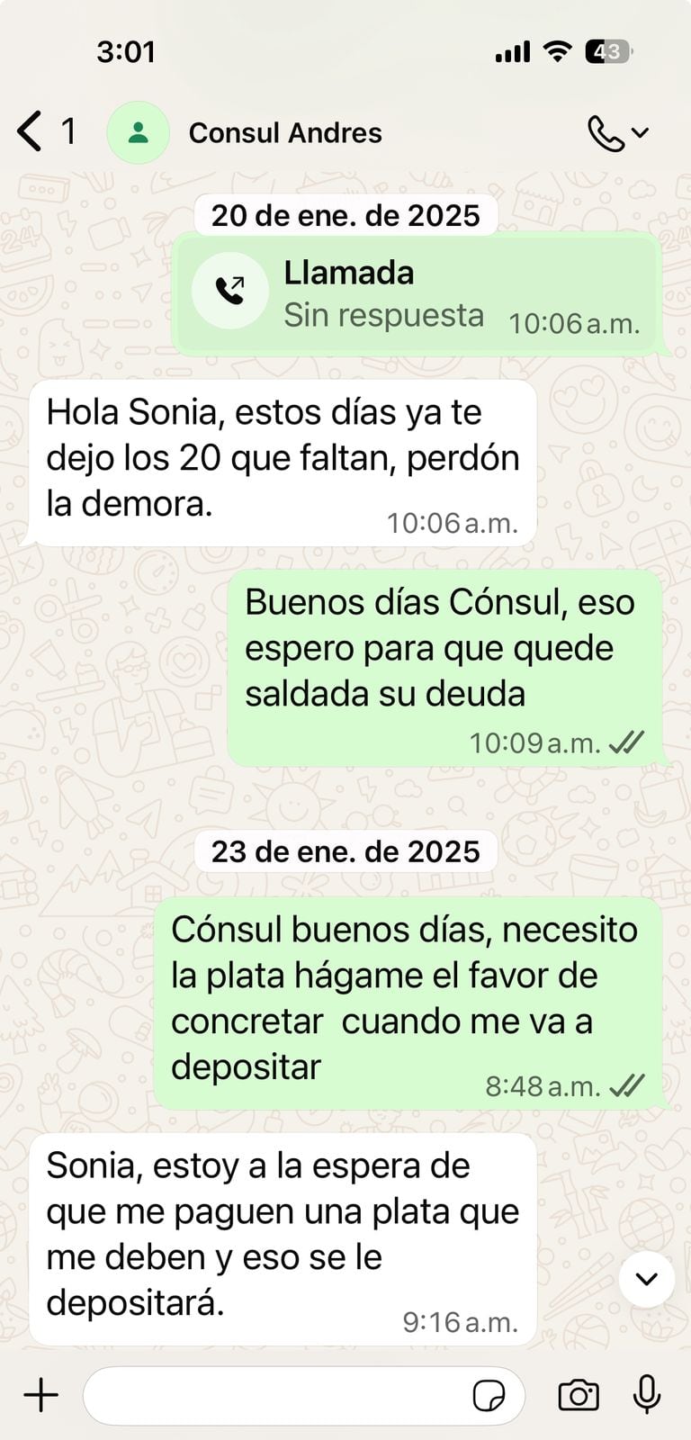 Chat en el que Hernández reconoce que debe 20 millones.