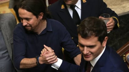 El l&iacute;der de Podemos, Pablo Iglesias y el de Ciudadanos, Albert Rivera.