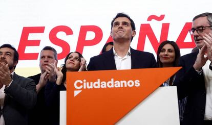 El líder de Ciudadanos, Albert Rivera, durante la valoración electoral del partido celebrada esta noche en Madrid.