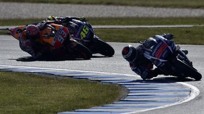 Lorenzo, Rossi y Márquez en el GP de Australia.