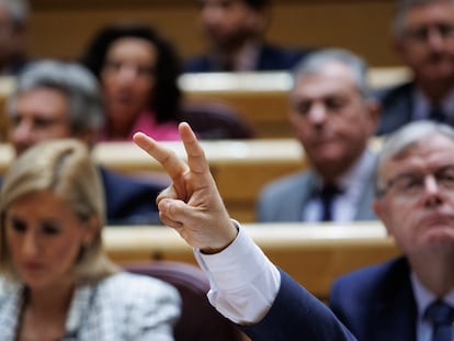 Un senador del Partido Popular indica el voto negativo durante una sesión plenaria en el Senado, el 22 de diciembre.