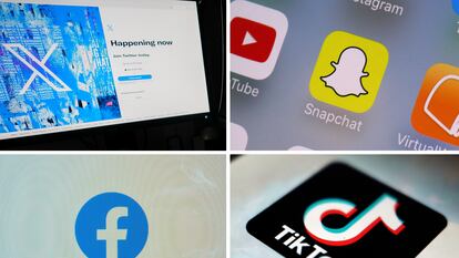 This combination of photos shows logos of X, formerly known as Twitter, top left; Snapchat, top right; Facebook, bottom left; and TikTok, bottom right.