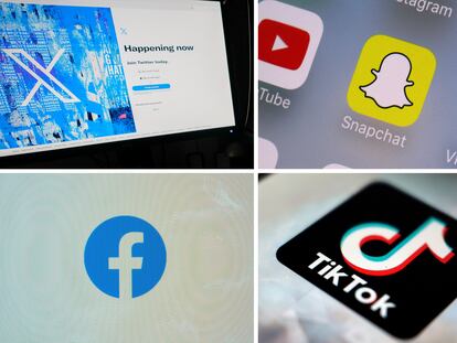 This combination of photos shows logos of X, formerly known as Twitter, top left; Snapchat, top right; Facebook, bottom left; and TikTok, bottom right.