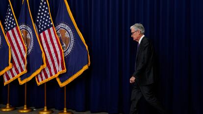 El presidente de la Reserva Federal, Jerome Powell, a su llegada a la rueda de prensa posterior a la reunión de política monetaria del pasado 20 de marzo.