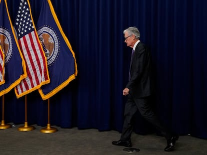 El presidente de la Reserva Federal, Jerome Powell, a su llegada a la rueda de prensa posterior a la reunión de política monetaria del pasado 20 de marzo.