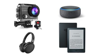 De izquierda a derecha y de abajo arriba: cámara deportiva Crosstour, auriculares Sennheiser HD, altavoz inteligente Amazon Echo Dot y lector electrónico Amazon Kindle